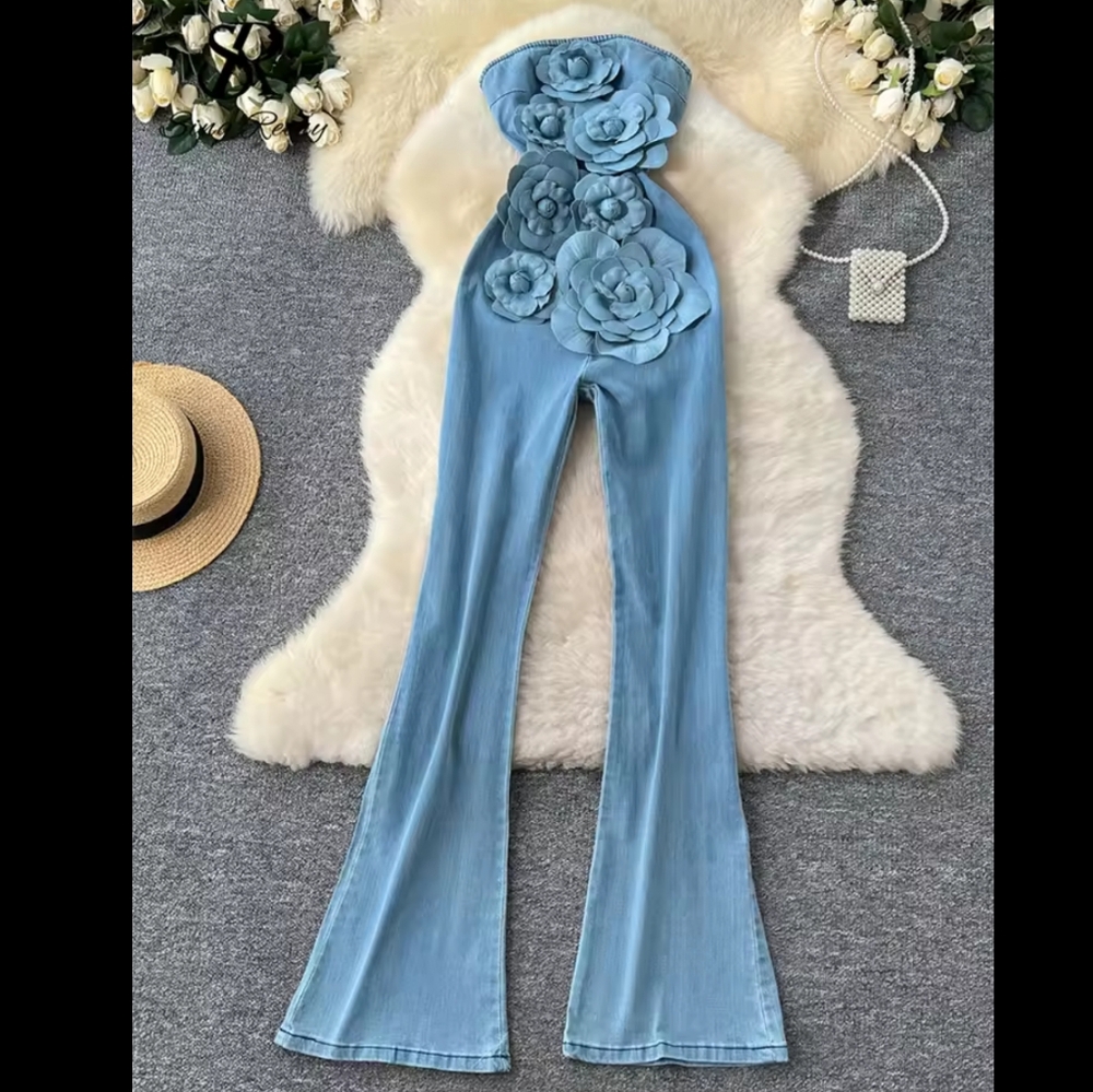 Denim Long Jumpsuits Zipper 3D Floral Chic Design Rompers - Picture 3 of 8
